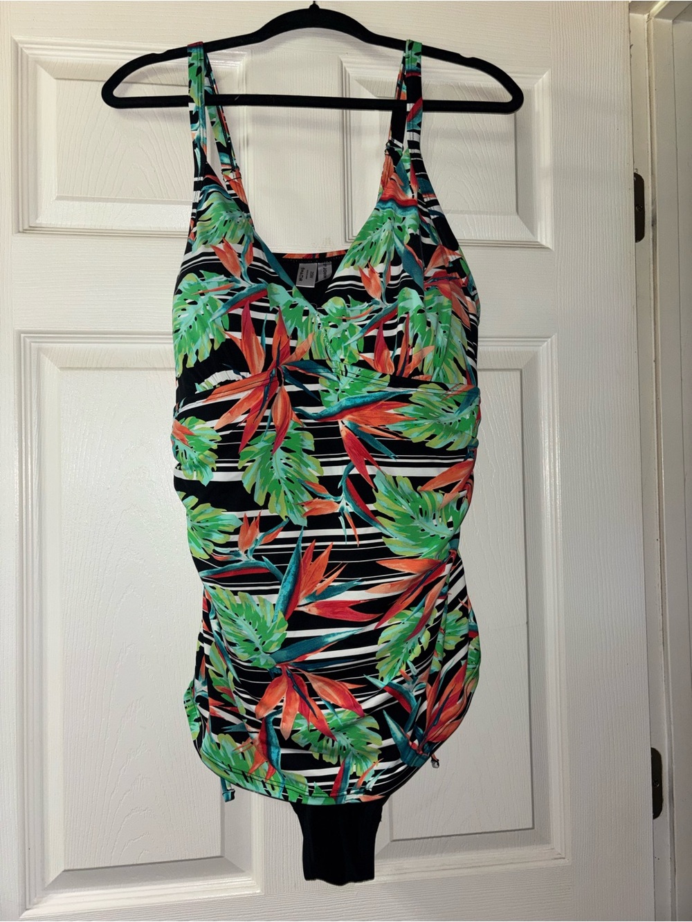 St. John's Bay Black One-Piece with Teal & Coral Tropical Accents